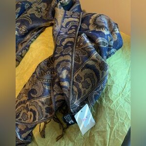 New York Accessories Large Blue Gold Metallic Tassel Scarf NWT